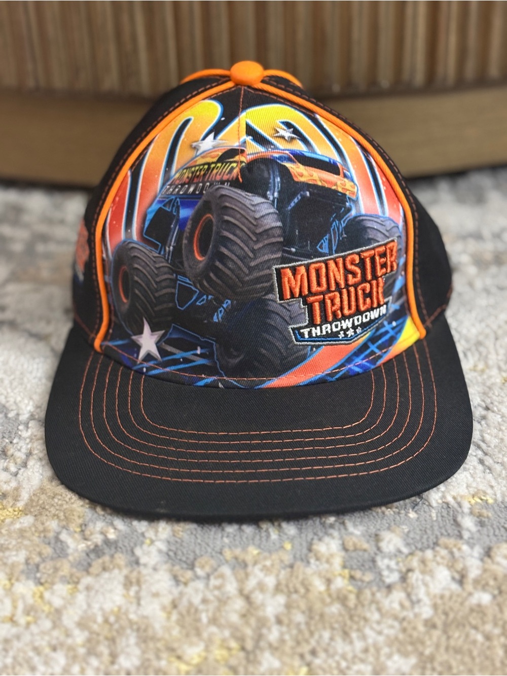 Monster Truck Throwdown Snapback Hat Cap Black Orange Sublimated Graphic OSFM